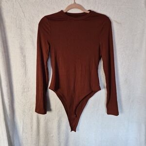 Shein Womens Ribbed Rust Colored Long Sleeve Bodysuit.